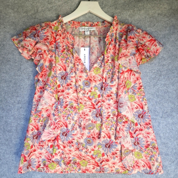 Amour Vert Pink Floral Flutter Sleeve Ruffle Blouse In Marsielle Red - Picture 2 of 7